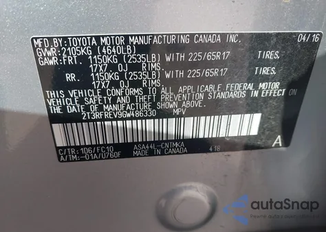 2016 Toyota Rav4 Xle z USA, uszkodzony, nr VIN 2T3RFREV9GW486330